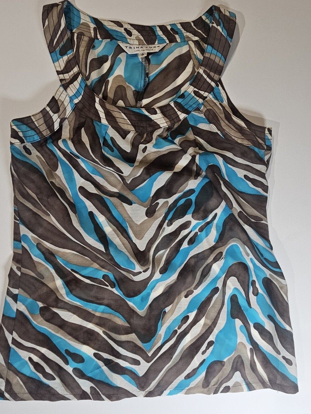 Trina Turk Silk Blend Top Womens 2 Teal Brown Animal Print Made In The USA